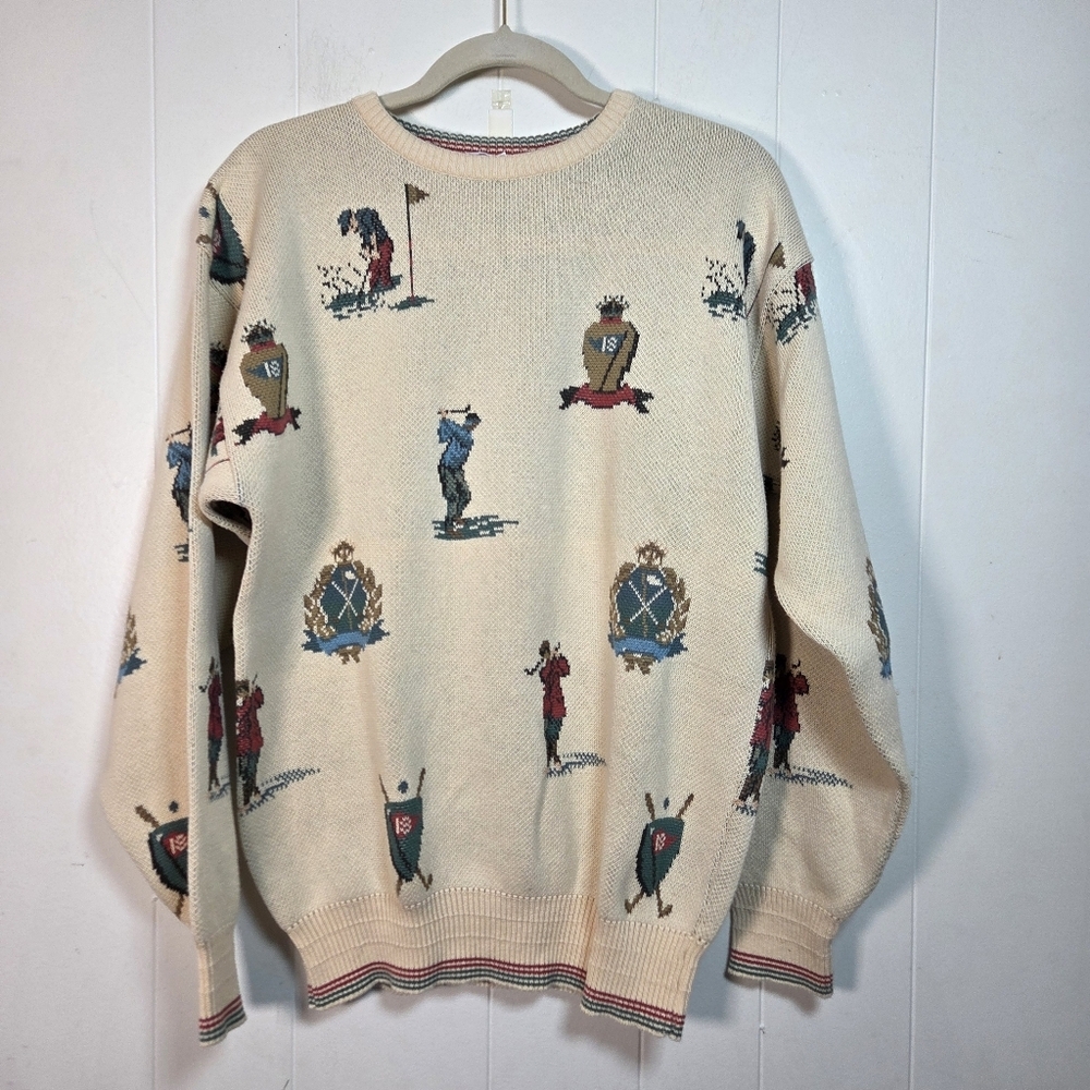 Vtg Neiman Marcus Cotton Golf Print Sweater Size Large Union Made Made In USA - Picture 2 of 16